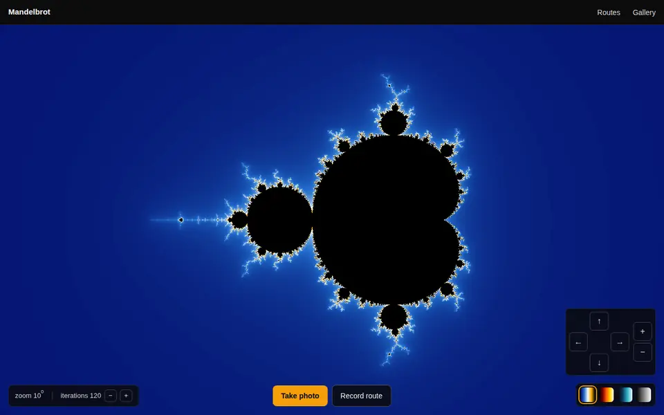 Mandelbrot Explorer: the whole set, with the Take photo and Record route buttons