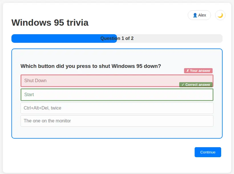 webquiz: a question answered, with the right answer shown